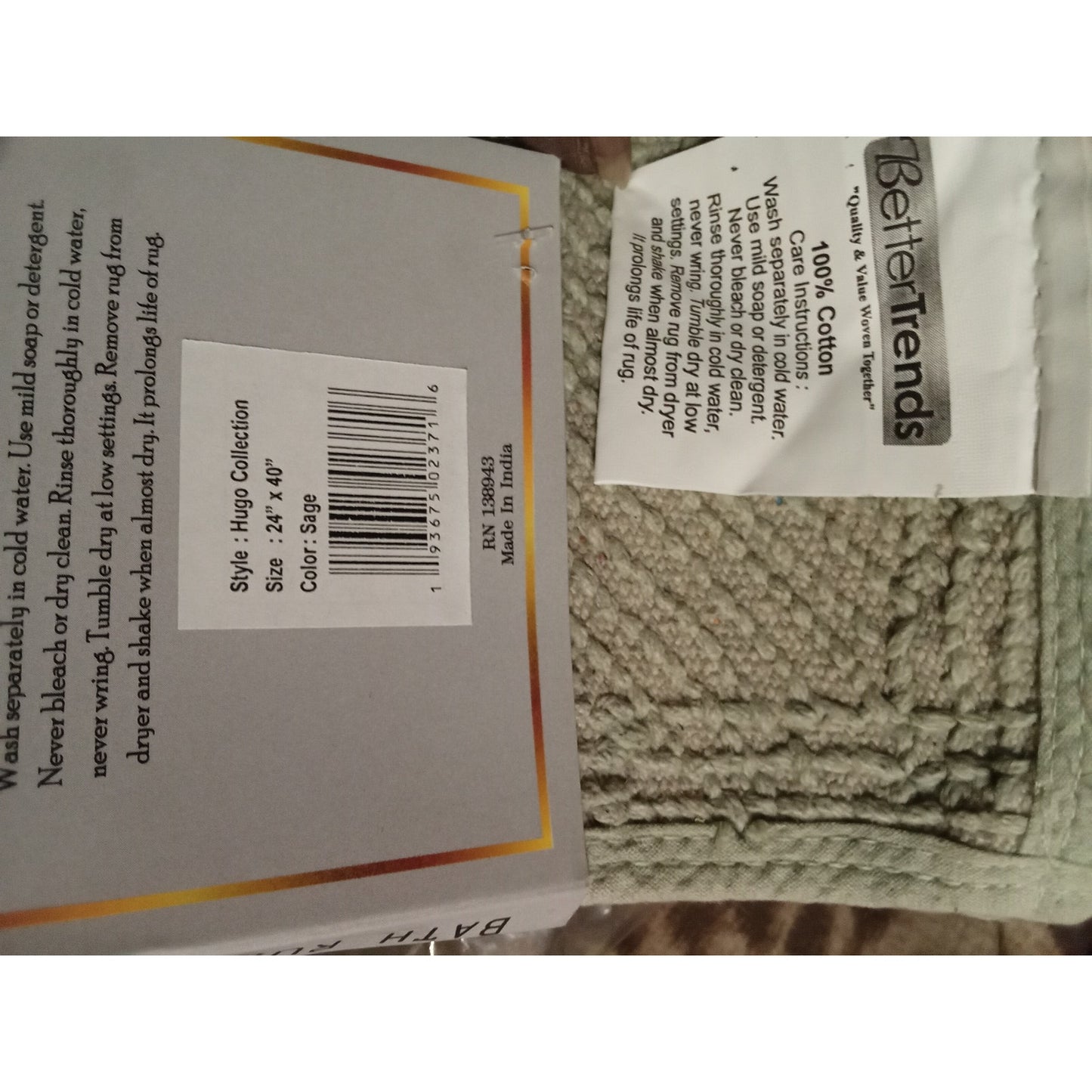 Better Trends Hugo 100% Cotton Tufted Non-Slip Backing Bath Rug 24" x 40" Sage