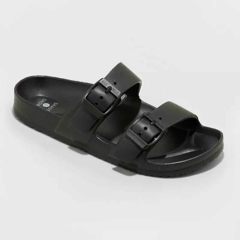 Women Neida Two Band Foot Bed Side Buckle Slide Sandals Black
