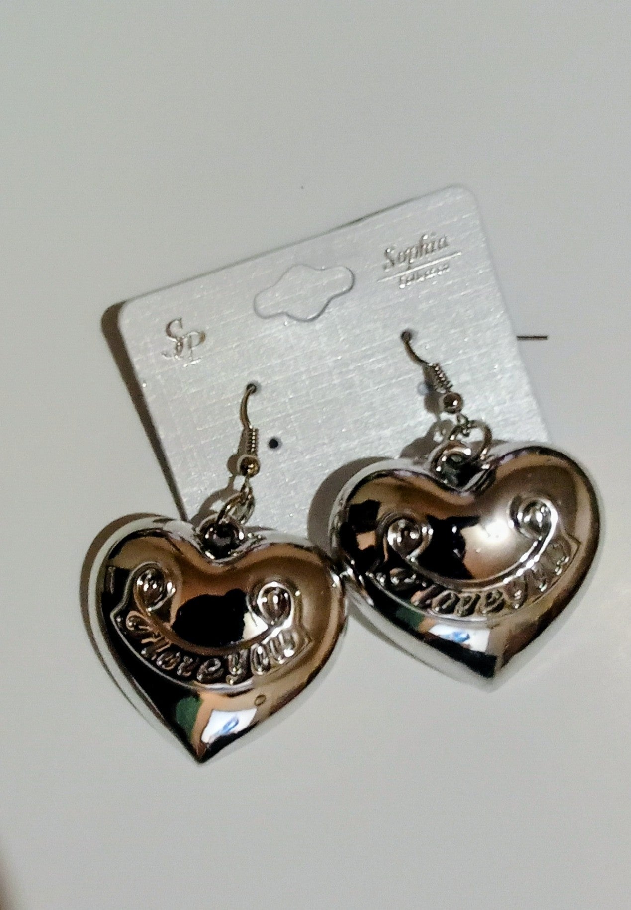 Women's I Love You Heart Drop Fish Hook Earrings Silver
