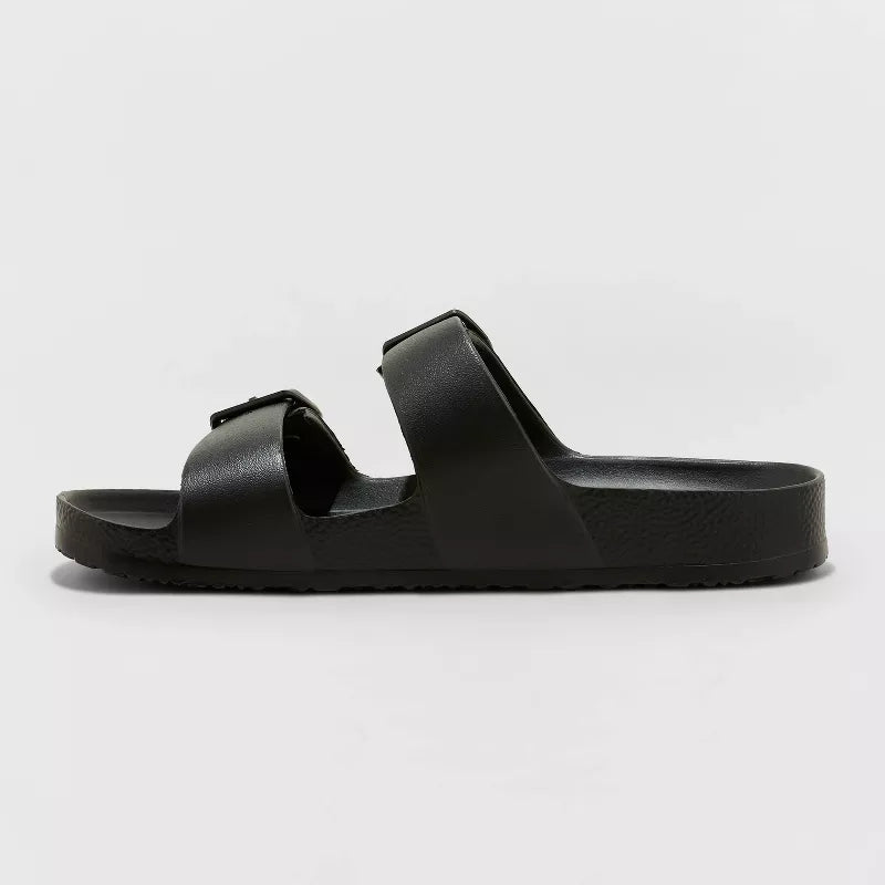 Women Neida Two Band Foot Bed Side Buckle Slide Sandals Black