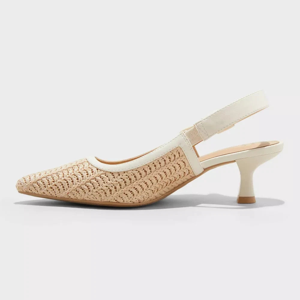 Women's Milan Woven Pattern Sling Back Heels A New Day Beige