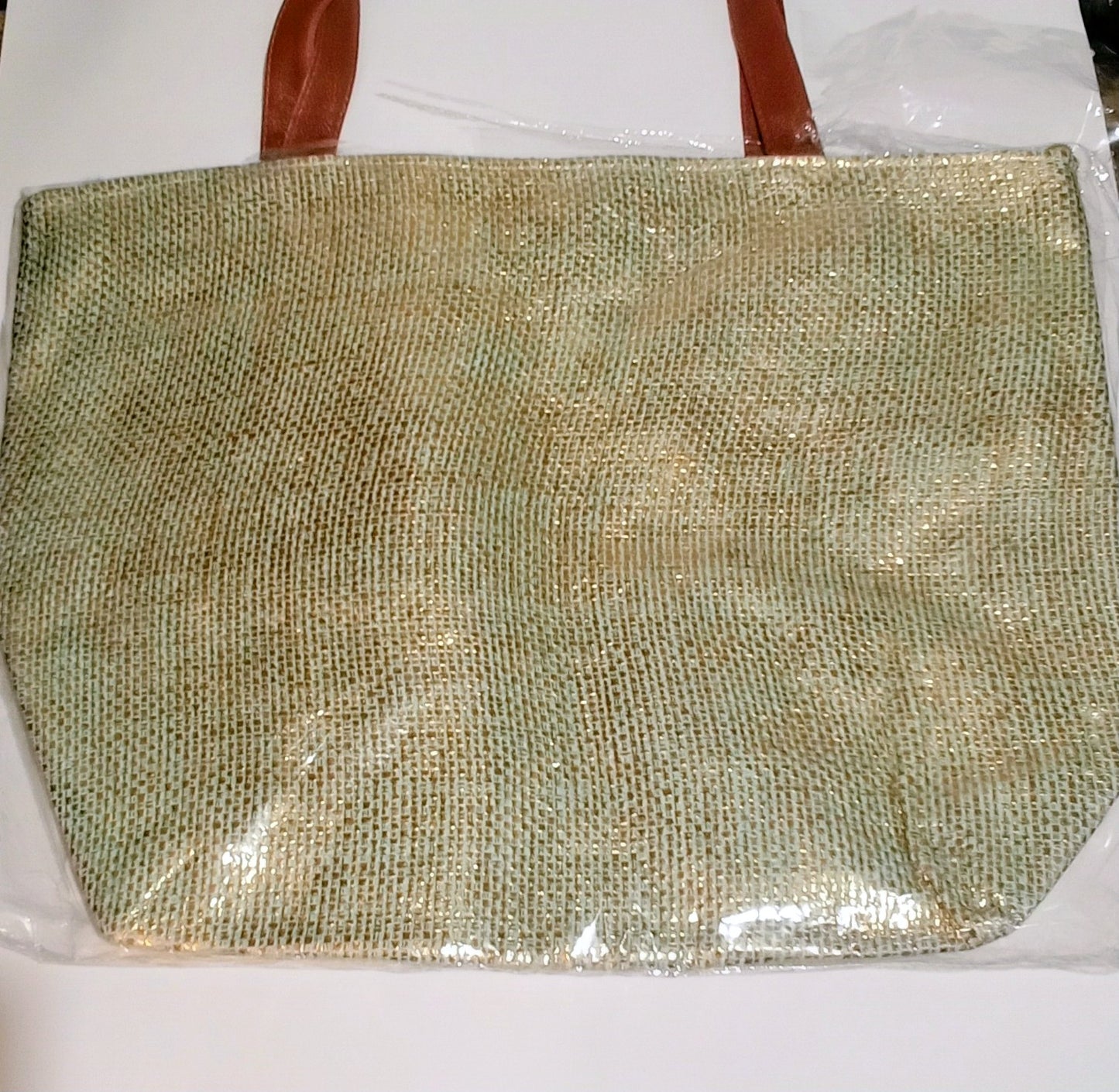 Basket Weave Gold Glitter Tote Bag With Zipper Inside Zip Compartment