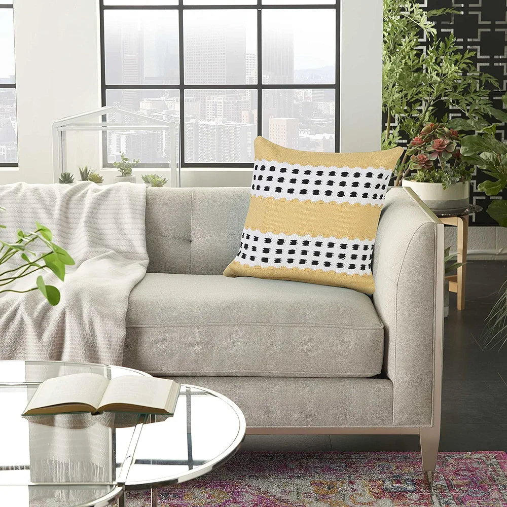 LR Home Metropolitan Woven Dash Grid Striped Throw Pillow, Yellow/Black/White