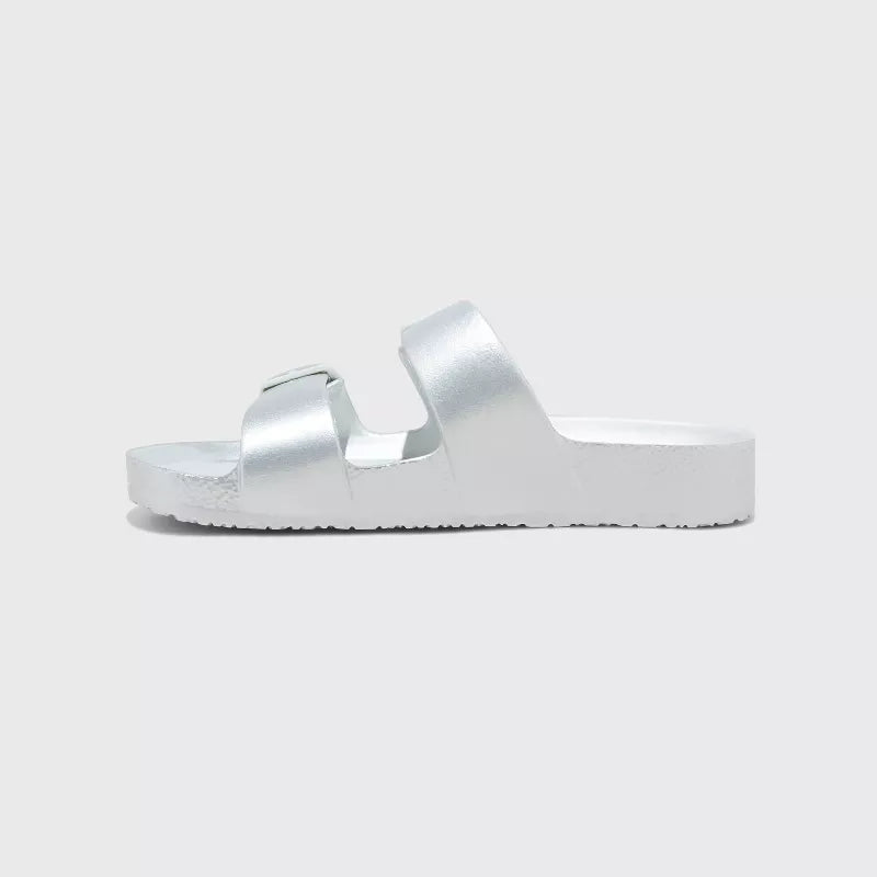 Women's Neida Eva Two Band Foot Bed Slide Sandals Shade & Shore Silver