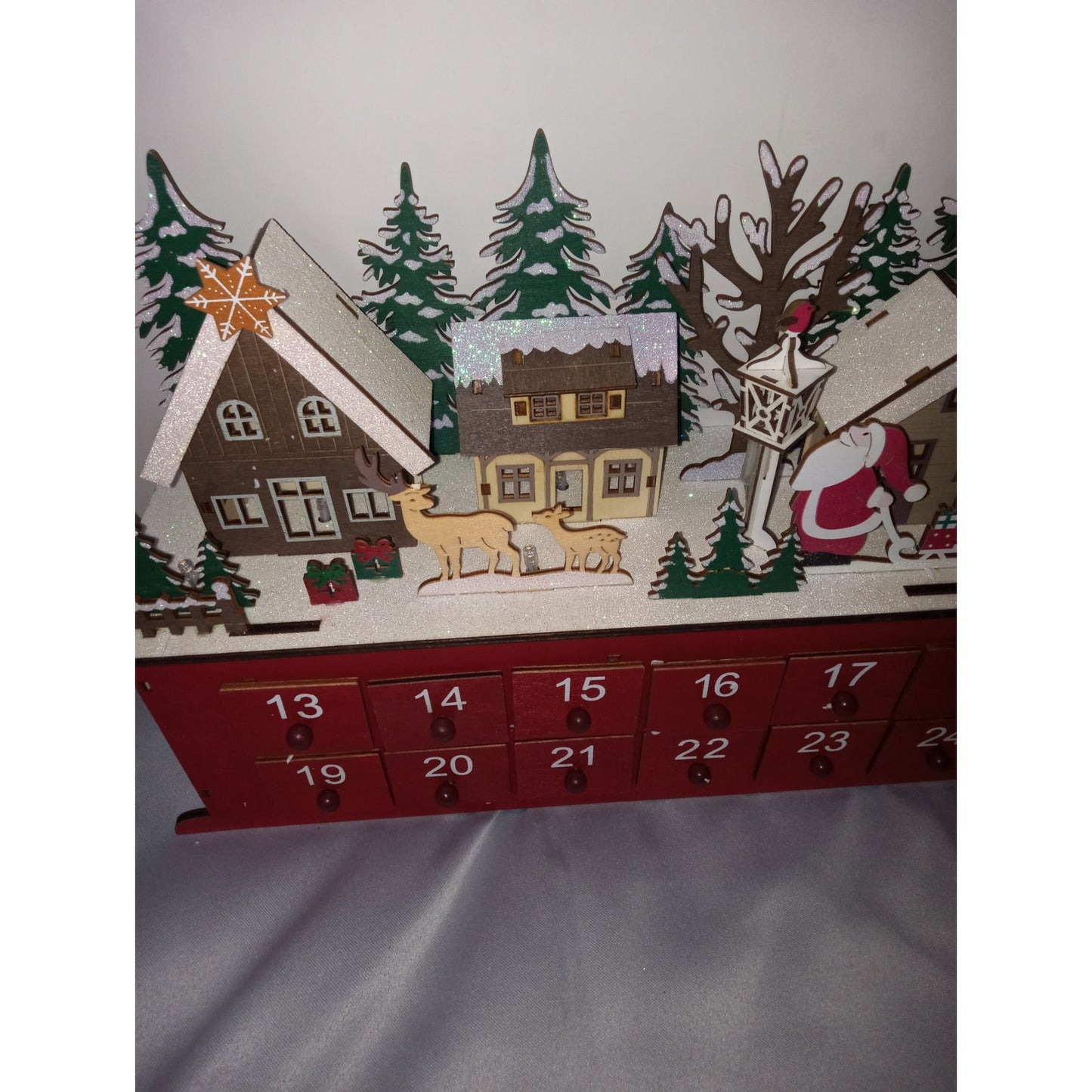 North Pole Wooden Advent Christmas Sleigh Pop Out Draw Light Up Calendar