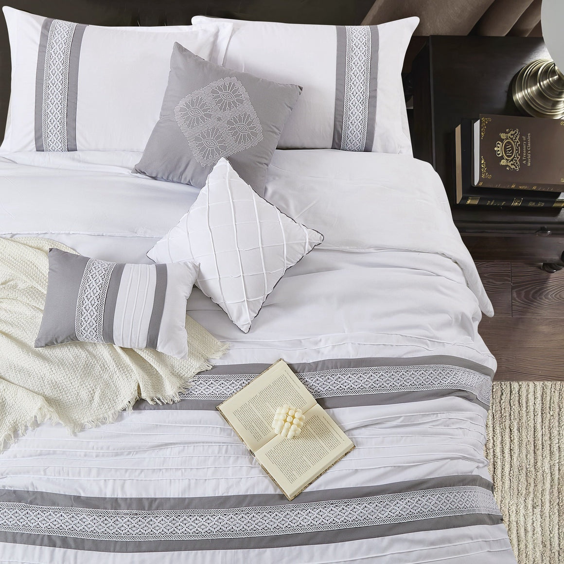 7 Piece Boho Inspired Geometric Embroidery Durango Grey Queen Size Comforter Set