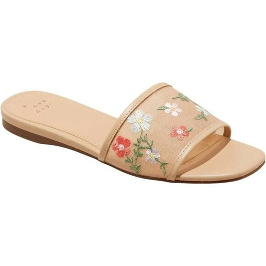 A New Day Elain Floral Embroidered Mesh Slide Sandals Tan Brown Size 6 1/2
