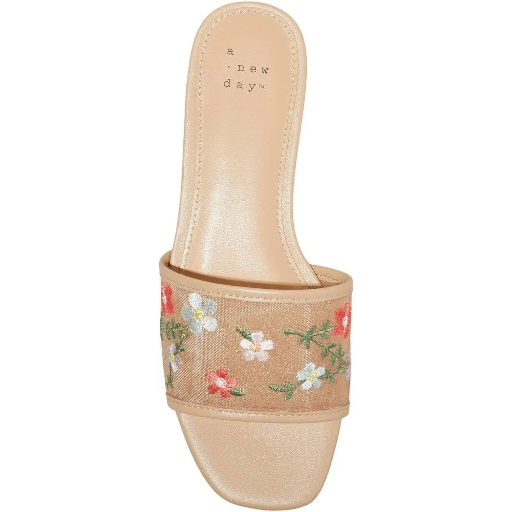 A Day Womens Elain Floral Embroidered Mesh Slide Sandals Tan Brown Size 7 1/2