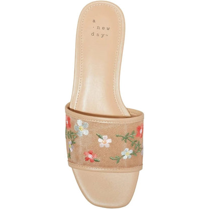 A Day Womens Elain Floral Embroidered Mesh Slide Sandals Tan Brown Size 7 1/2