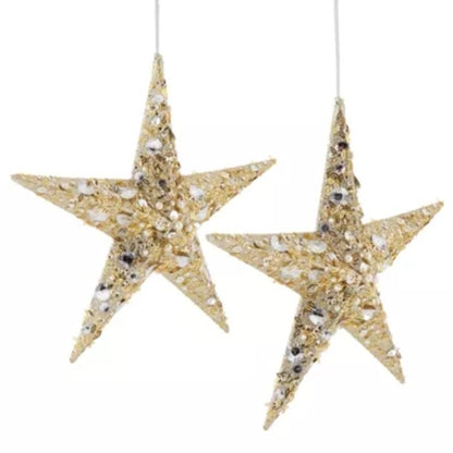 North Pole Trading Co. Glitter Beaded Star Set 2-pc. Christmas Ornament Gold