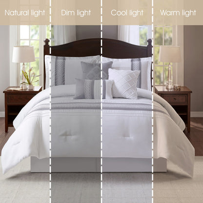 7 Piece Boho Inspired Geometric Embroidery Durango Grey Queen Size Comforter Set