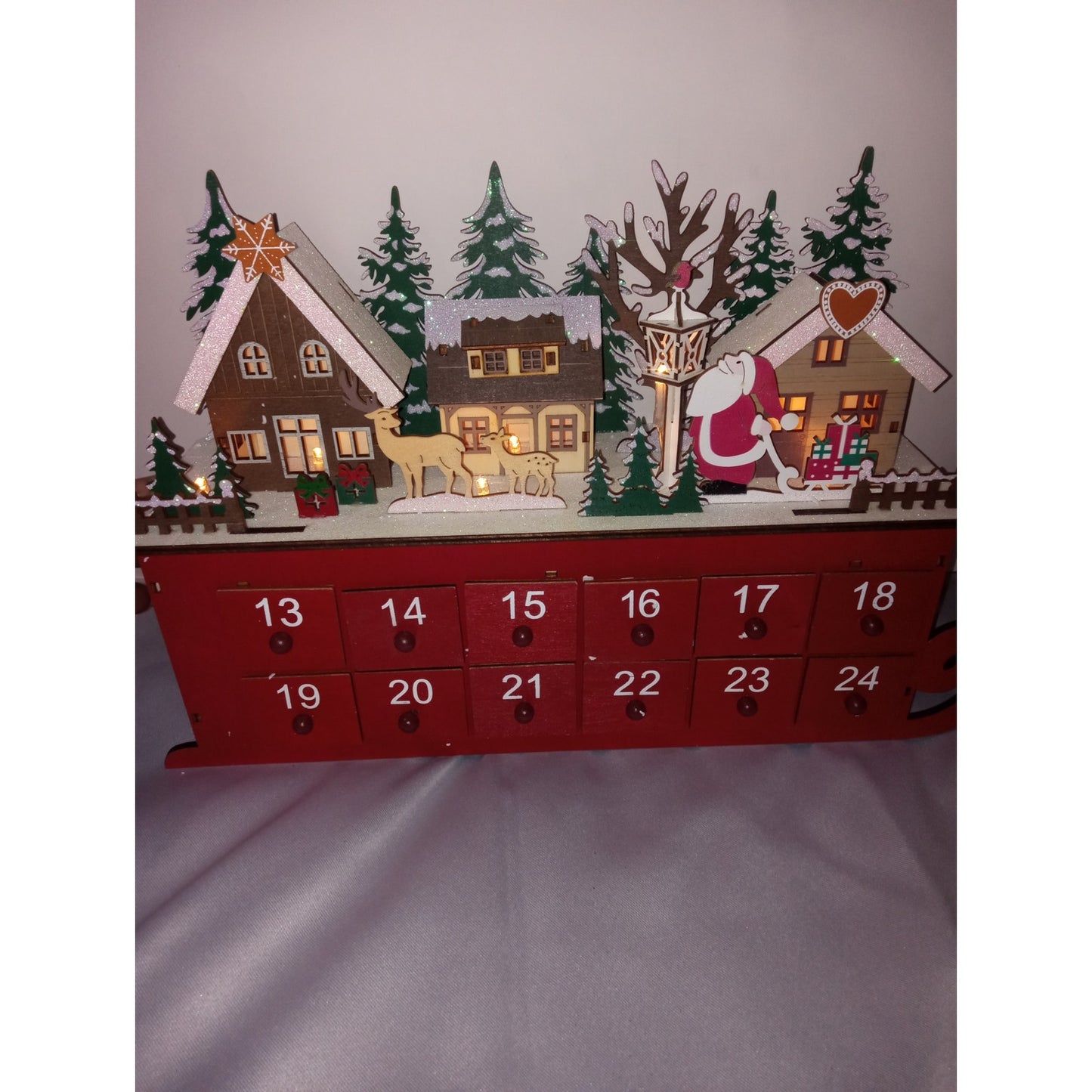 North Pole Wooden Advent Christmas Sleigh Pop Out Draw Light Up Calendar