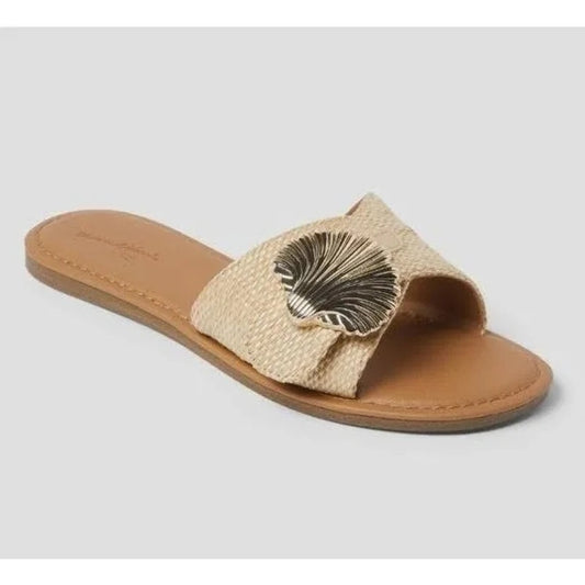 Women's Nesryn Raffia Gold Sea Shell Ornament Slip On Slide Sandals Tan Size 7.5