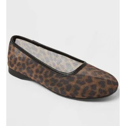A New Day Brown Mesh Leopard Pull-On Ballet Flats, Cushioned Insole Size 7
