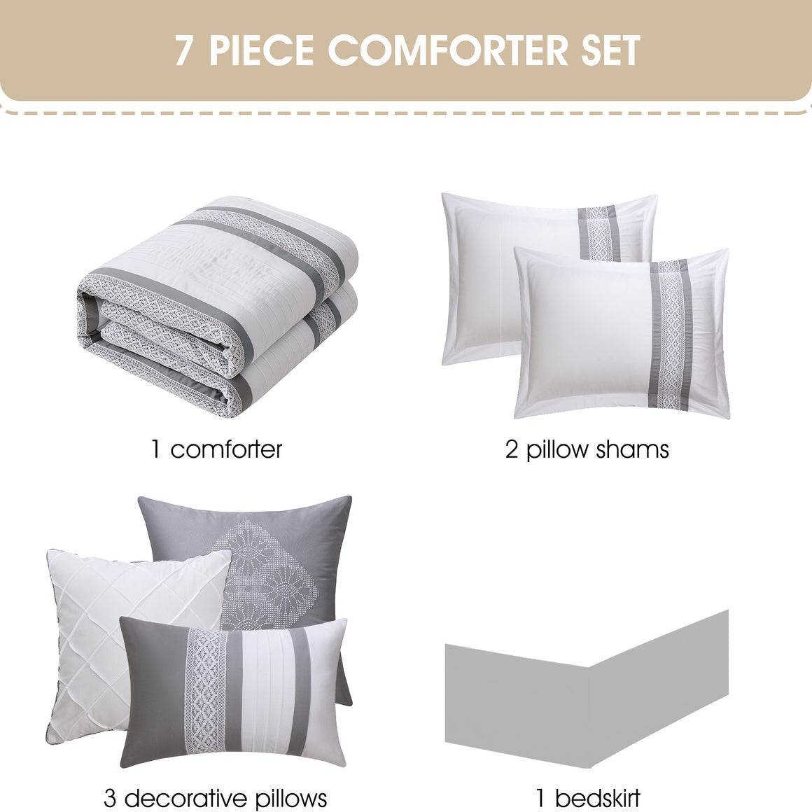 7 Piece Boho Inspired Geometric Embroidery Durango Grey Queen Size Comforter Set