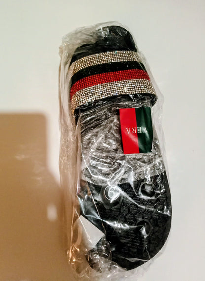 Women's Striped Sliver Rhinestone Embellished Slides Black