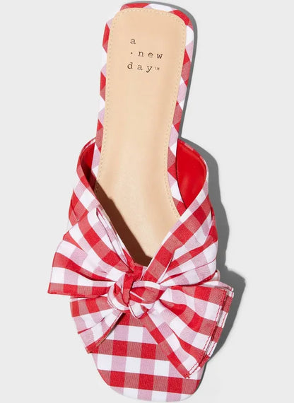 Women's Scarlet Gingham Bow Flat Sandals - A New Day Red Size 8 1/2