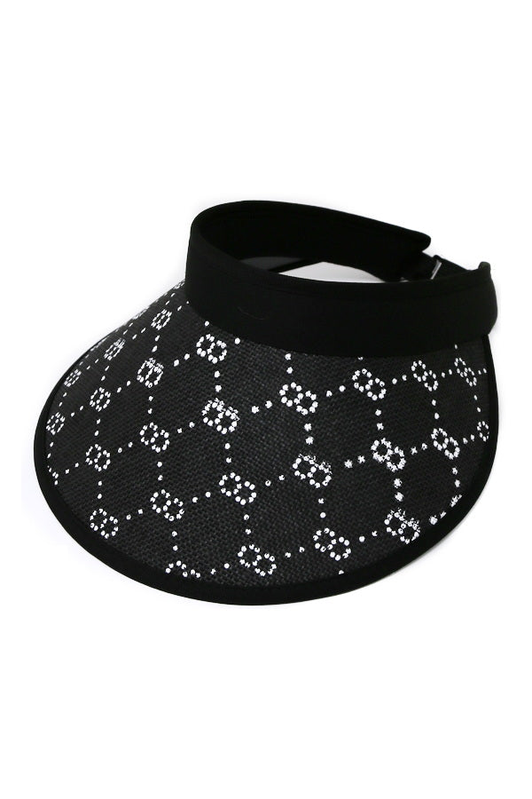 White Linked Print Straw Visor Cap Black Adjustable Strap
