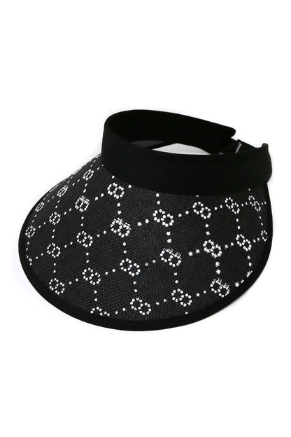 White Linked Print Straw Visor Cap Black Adjustable Strap