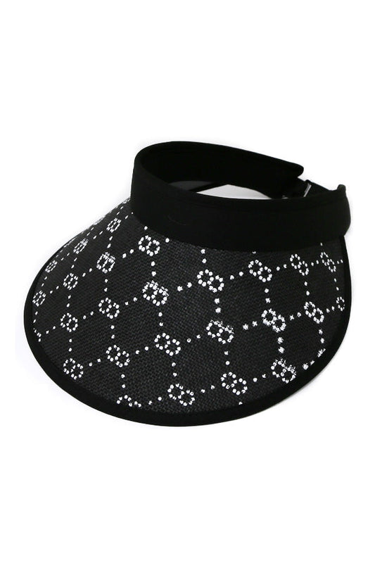 White Linked Print Straw Visor Cap Black Adjustable Strap
