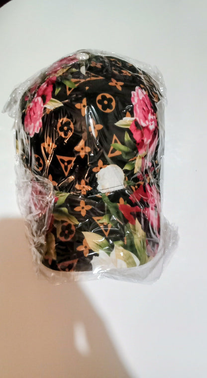 Pink Floral Print Black Baseball Cap With Adjustable Strap