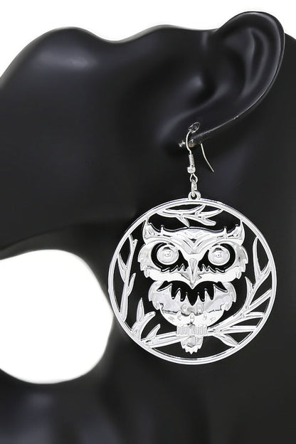 Owl Drop Fish Hook Earrings Silver