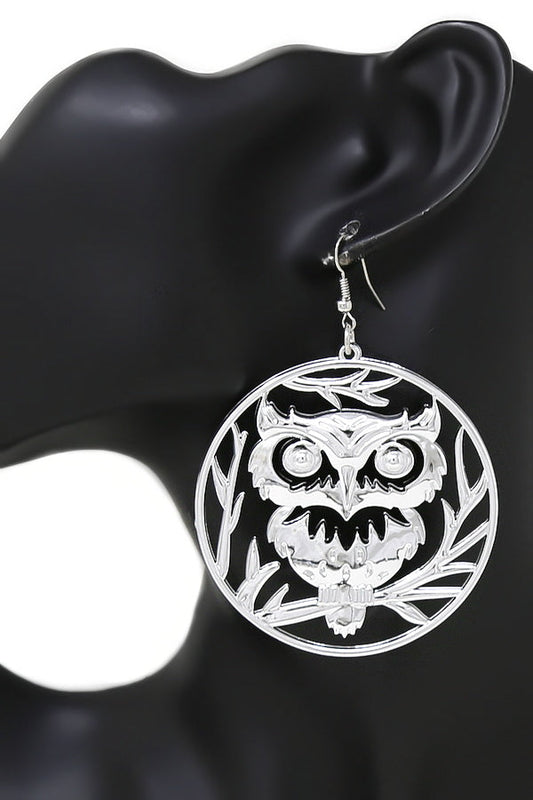 Owl Drop Fish Hook Earrings Silver