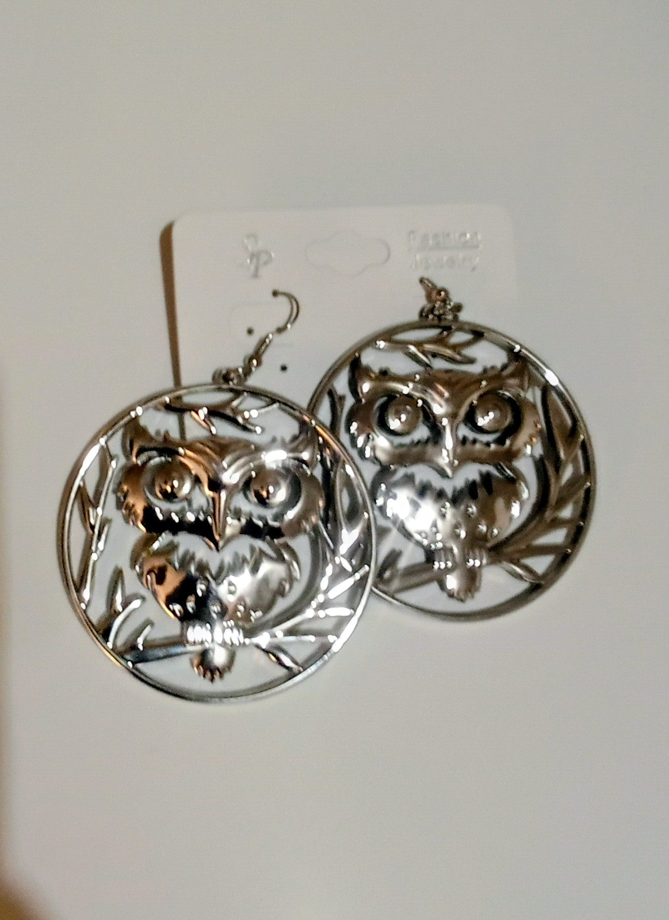 Owl Drop Fish Hook Earrings Silver