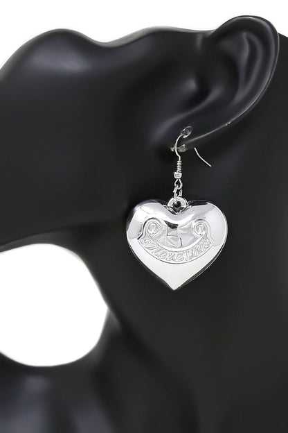 Women's I Love You Heart Drop Fish Hook Earrings Silver