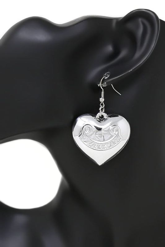 Women's I Love You Heart Drop Fish Hook Earrings Silver