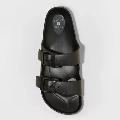 Women Neida Two Band Foot Bed Side Buckle Slide Sandals Black
