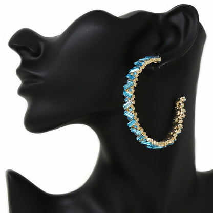 Women's Gold Aqua Stone Embellished Hoop Statement Earrings