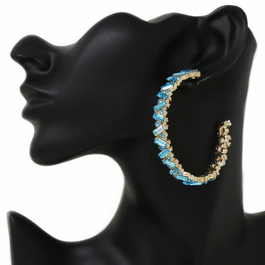Women's Gold Aqua Stone Embellished Hoop Statement Earrings