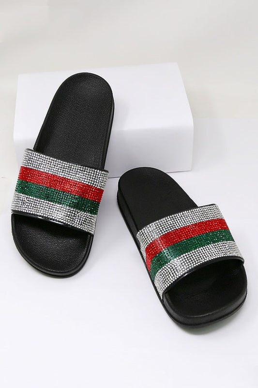 Women's Striped Sliver Rhinestone Embellished Slides Black