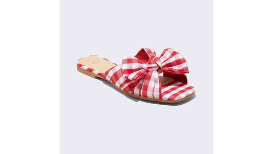 Women's Scarlet Gingham Bow Flat Sandals - A New Day Red Size 8 1/2