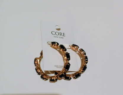 Women's Gold Black Stone Embellished Hoop Statement Earrings