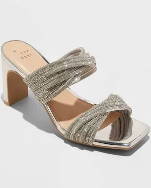 A New Day Women's Tammy Rhinestone Chunky Block High Heel Sandals Sliver Various Sizes