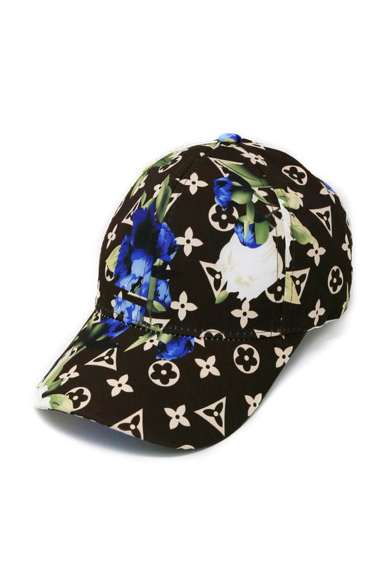 White & Blue Floral Print Dark Brown Adjustable Cap