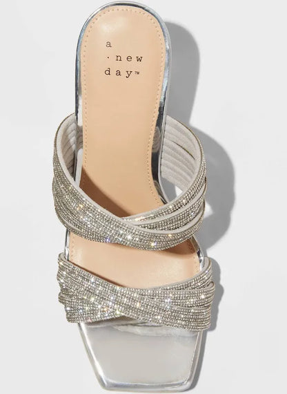 A New Day Women's Tammy Rhinestone Chunky Block High Heel Sandals Sliver Various Sizes