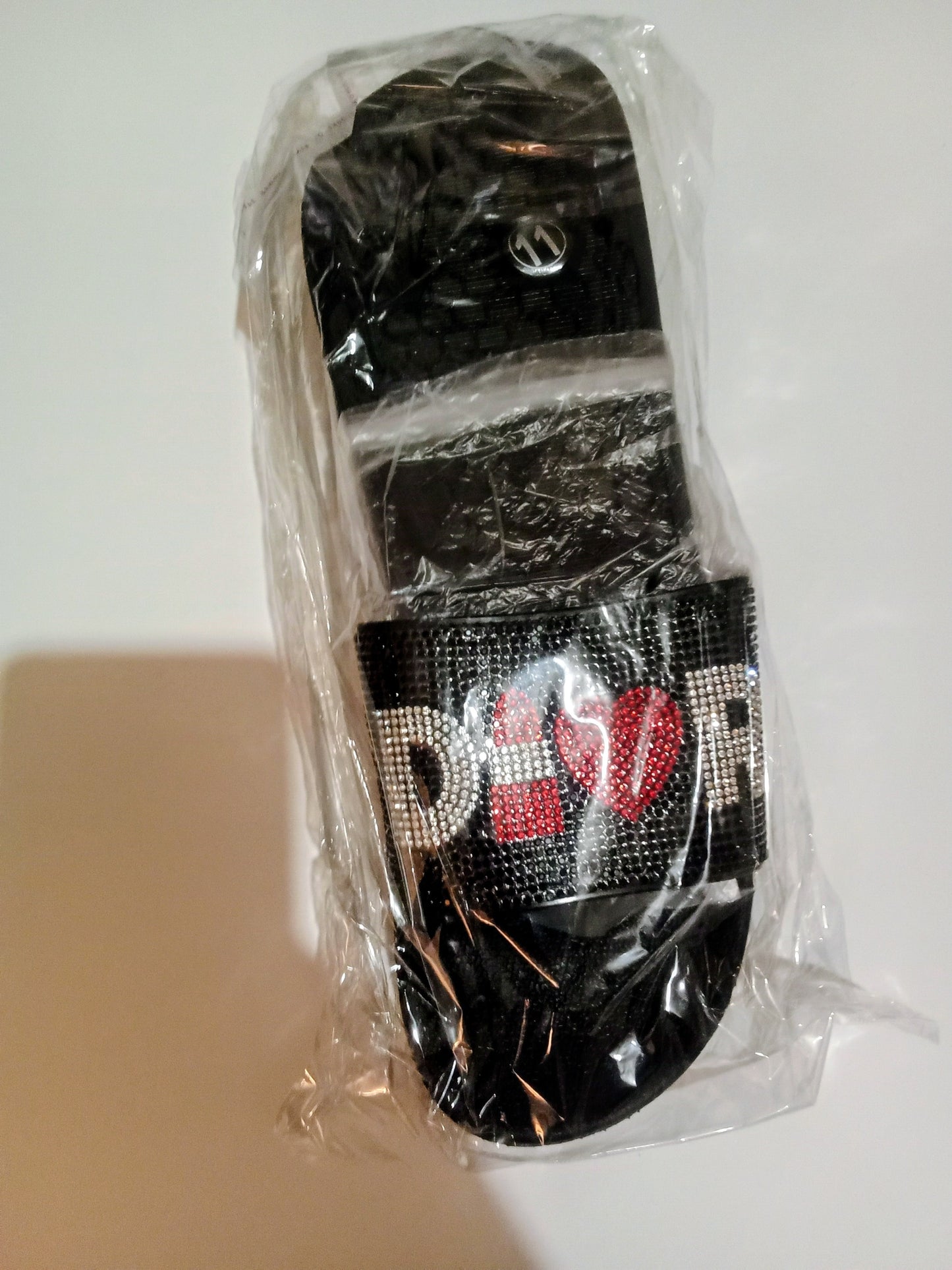 Lipstick And Heart Rhinestone Embellished Black Slides