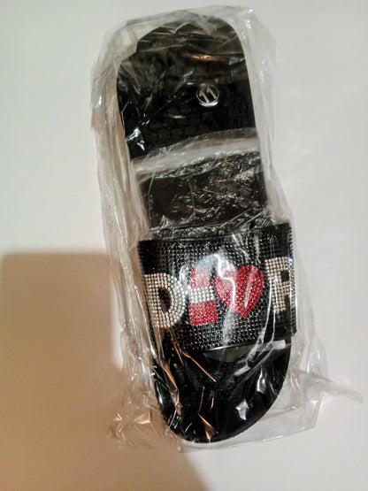 Lipstick And Heart Rhinestone Embellished Black Slides