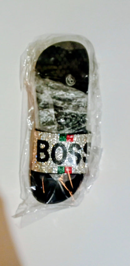 Boss Sliver Rhinestone Embellished Slide Black