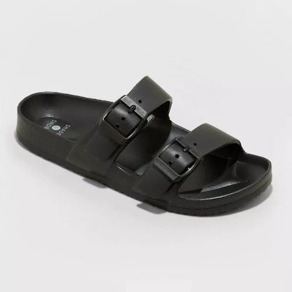 Women Neida Two Band Foot Bed Side Buckle Slide Sandals Black