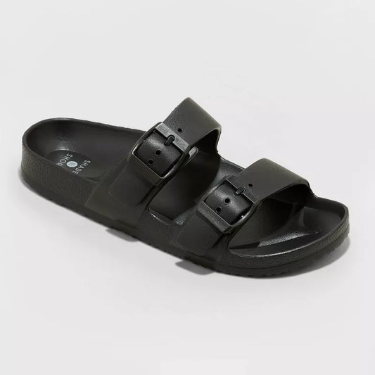 Women Neida Two Band Foot Bed Side Buckle Slide Sandals Black
