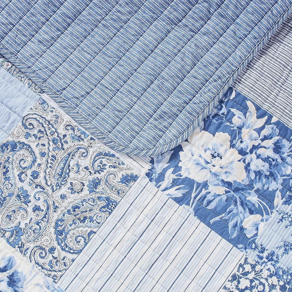 Laura Ashley - Twin Quilt Set, Reversible Cotton Bedding with Matching Sham, Medium-Weight for Year Round Use, Dorm Essentials (Paisley Printed Patchwork Blue)