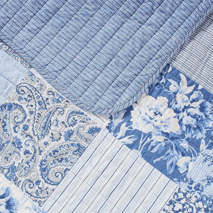Laura Ashley - Twin Quilt Set, Reversible Cotton Bedding with Matching Sham, Medium-Weight for Year Round Use, Dorm Essentials (Paisley Printed Patchwork Blue)