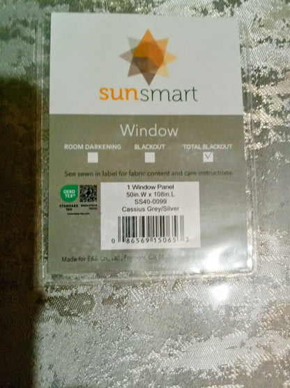 Sun Smart Cassius Jacquard Total Blackout Window Panel Grey / Sliver