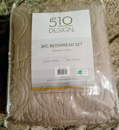 510 Design 3 Piece Bedspread Set Khaki Full / Queen Size