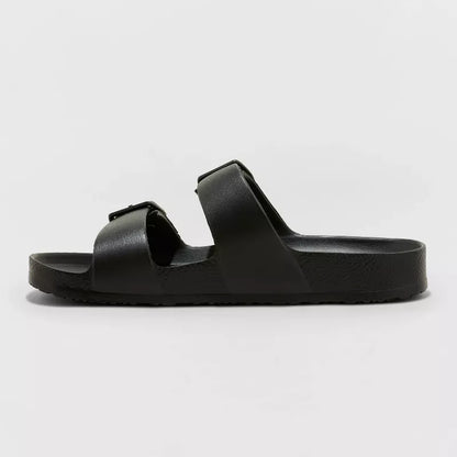 Women Neida Two Band Foot Bed Side Buckle Slide Sandals Black