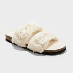 Women's Auden Jane Cross Band Buckle Slip on Faux Fur Sandals Cream Various Sizes